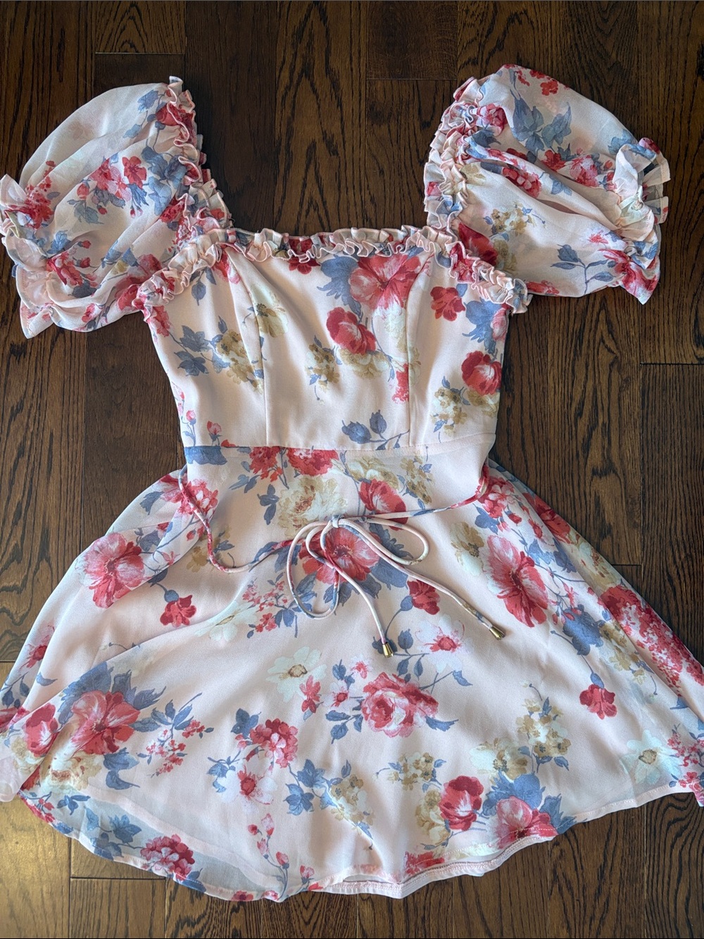 Floral Puff-Sleeve Dress - Pink & Blue